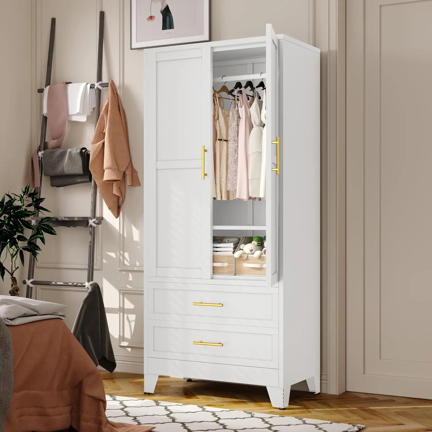 Wardrobe Closet Storage Cabinet with Hanging Rod,71'' Metal Clothing Cabinet with 2 Doors and Adjustable Shelf,2 Drawers for Bed