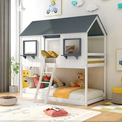 Wooden Bunk Bed with Windows, Guardrails and Twin Size Children Furniture Ladder,Modern Children Beds Playhouse Bunk Bed