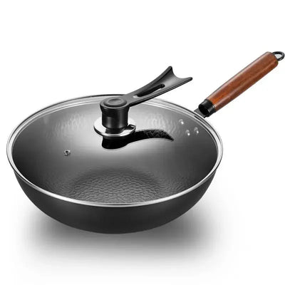 Carbon Steel Wok Pan 32cm Stir Fry Wok Set with Wooden Lid Non-Stick Flat Bottom Frying Pan for Electric Induction and Gas Stove