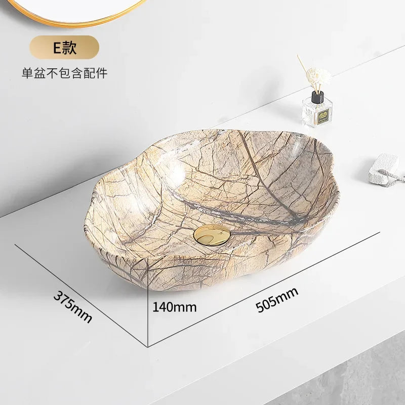 Ceramic Washbasin Marble Pattern Countertop Sinks Luxury Hotel Art Basin Flower Shape Bathroom Hand Wash Vessel Sink 50*37*14cm