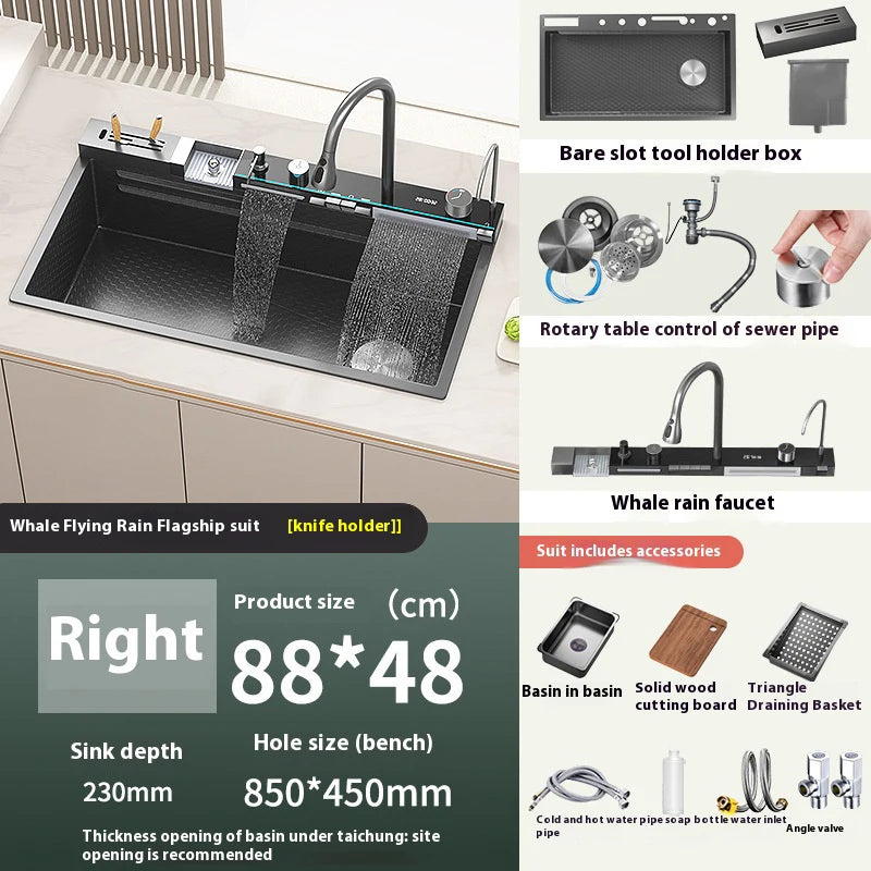 Stainless Steel Waterfall Kitchen Sink Embossed Extra Large Single Slot Digital Display Multifunctional Oversized Sinks 100x50cm