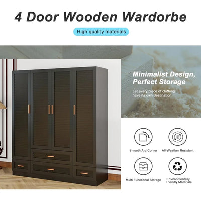 Large Armoire Wardrobe Closet with 4 Drawers, 6 Shelves & Hanging Rod, 4 Louver Doors Wooden Closet Storage Cabinet for Bedroom