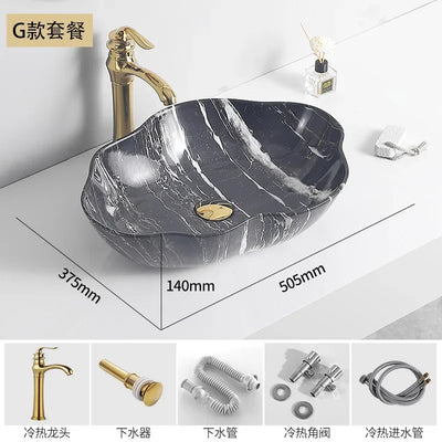 Ceramic Washbasin Marble Pattern Countertop Sinks Luxury Hotel Art Basin Flower Shape Bathroom Hand Wash Vessel Sink 50*37*14cm