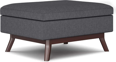 SIMPLIHOME Owen 34 Inch Wide Mid Century Modern Rectangle Coffee Table Storage Ottoman in Slate Grey Linen Look Fabric