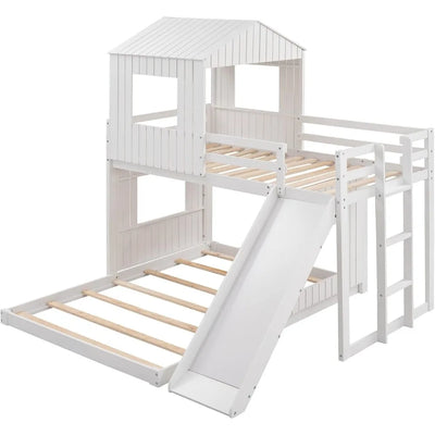 Floor Bunk Beds with Slide, Wooden Twin Over Full Bunk Beds with Slide, Roof and Guard Rail for Kids, Teens, No Box Spring Neede