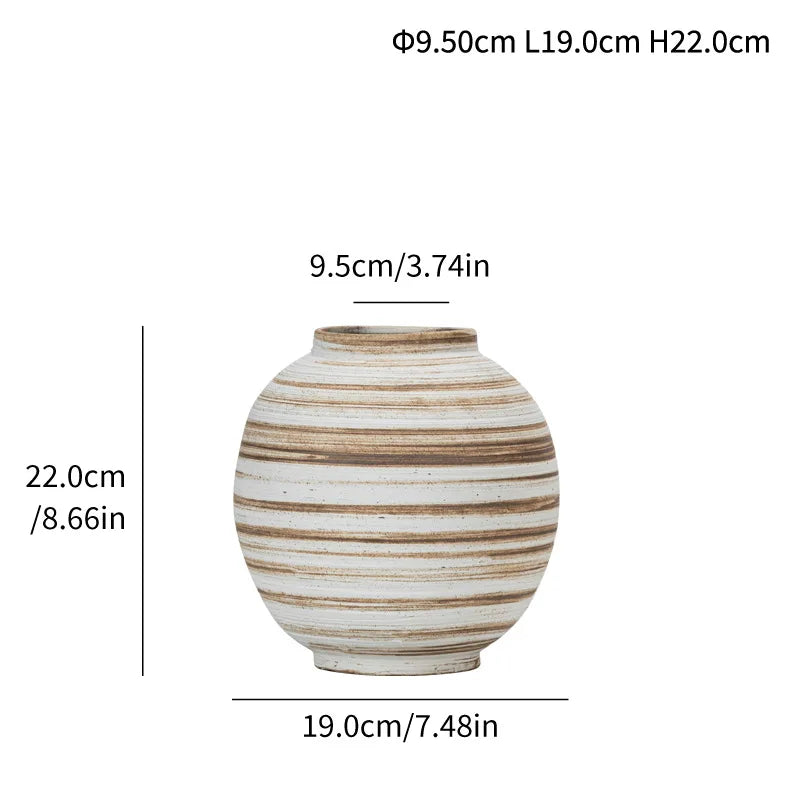 Simple Wabi Sabi Style Vase Stoneware Double Eared Round Pattern Vase, High-End Light Luxury Modern Home Decoration Ornaments