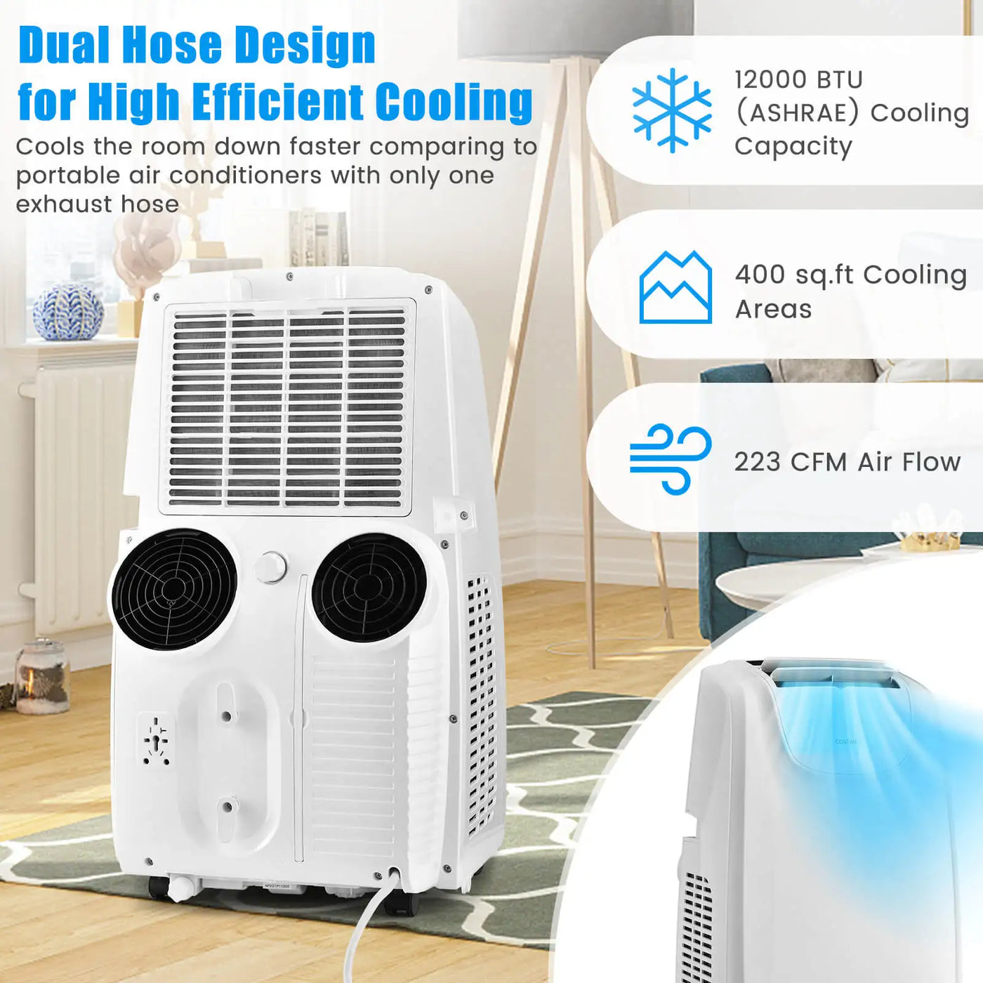 12,000 BTU Dual Hose Portable Air Conditioner 3-in-1 AC Unit w/ Remote Control