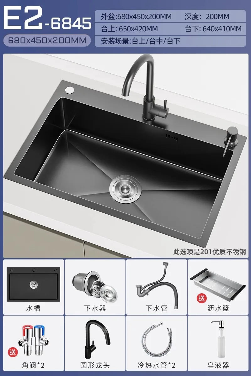 Stainless steel black sink, large single sink, hand-thickened kitchen under-counter basin, vegetable basin, dishwasher