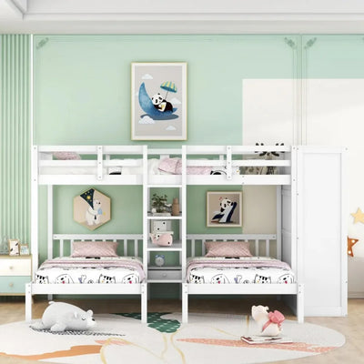 Bunk Bed,Full-Over-Twin-Twin Bunk Bed,Multifunctional bed with Shelves,Wardrobe and Mirror,Kids bedroom,No box spring required