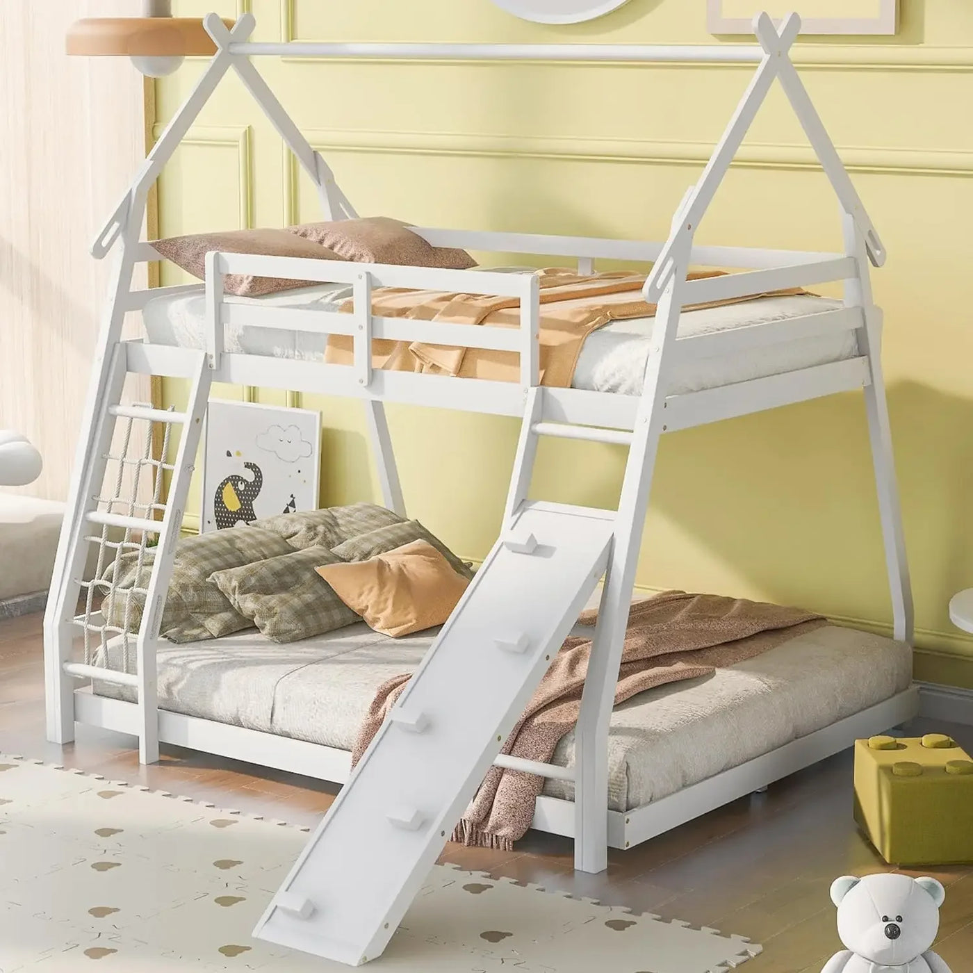 Bunk Bed, Twin Over Twin House Bunk Bed Frame with Roof, Window, Ladder and Slide for Boys Girls, Children Beds