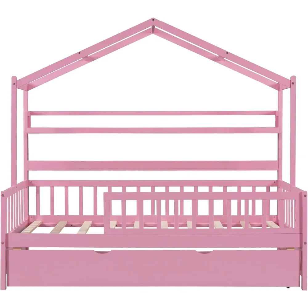 Twin Size House Bed Frame with Trundle,Bed Frame for Kids,House Bed Frame with Shelf for,Twin Size Daybed with Trundle with Slat