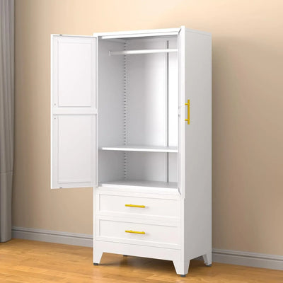 71” Metal Storage Cabinet with 2 Doors, 1 Adjustable Shelf and 2 Draws, Armoire Wardrobe Closet with Hanging Rods