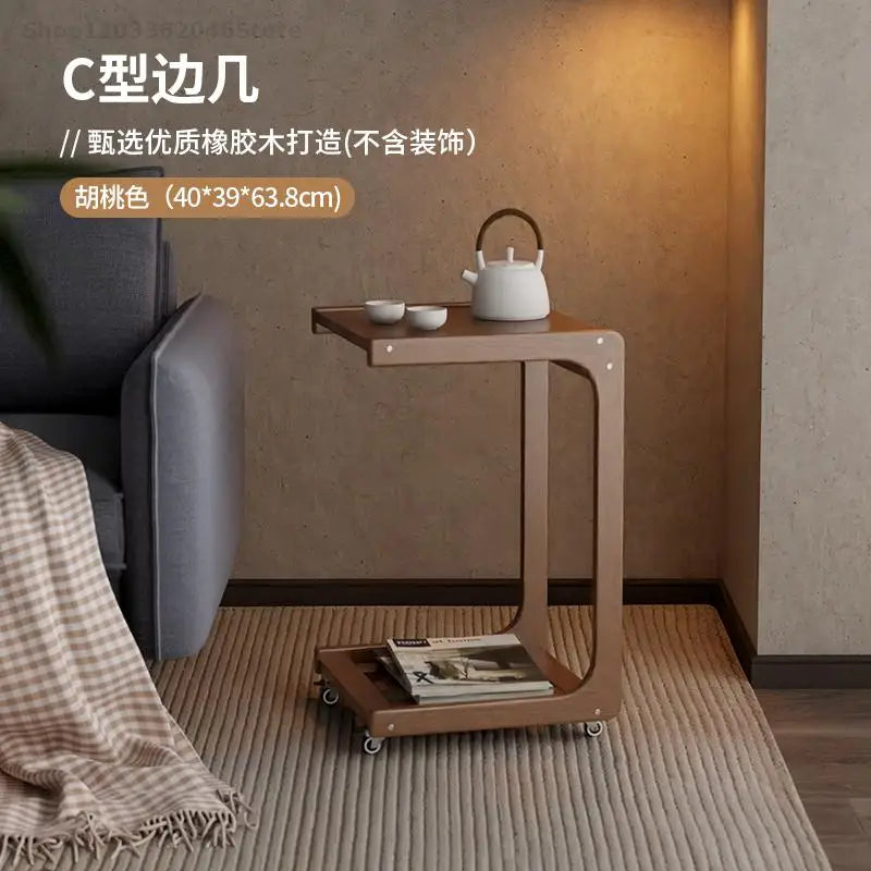 Solid Wood Sofa Side Table Cabinet Movable Table With Wheels Mini Coffee Table Living Room Small Apartment C- Shaped Small Tea