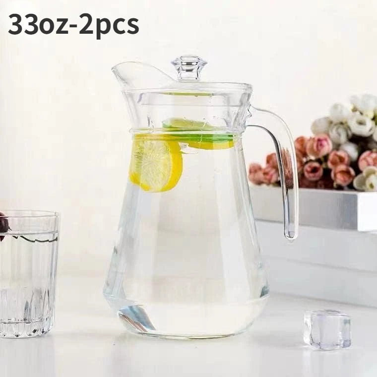 2pcs Clear Iced Water Jug with Lid and Handle, Heat Resistant  Tea Pitcher for Juice, Milk, Cold or Hot Beverages- Very Durable,