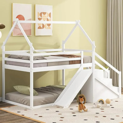 Twin Over Twin House Bunk Bed with Slide and Staircase, Solid Wood Loft/Bunk Bed Frame with Safety Guardrails for Kids