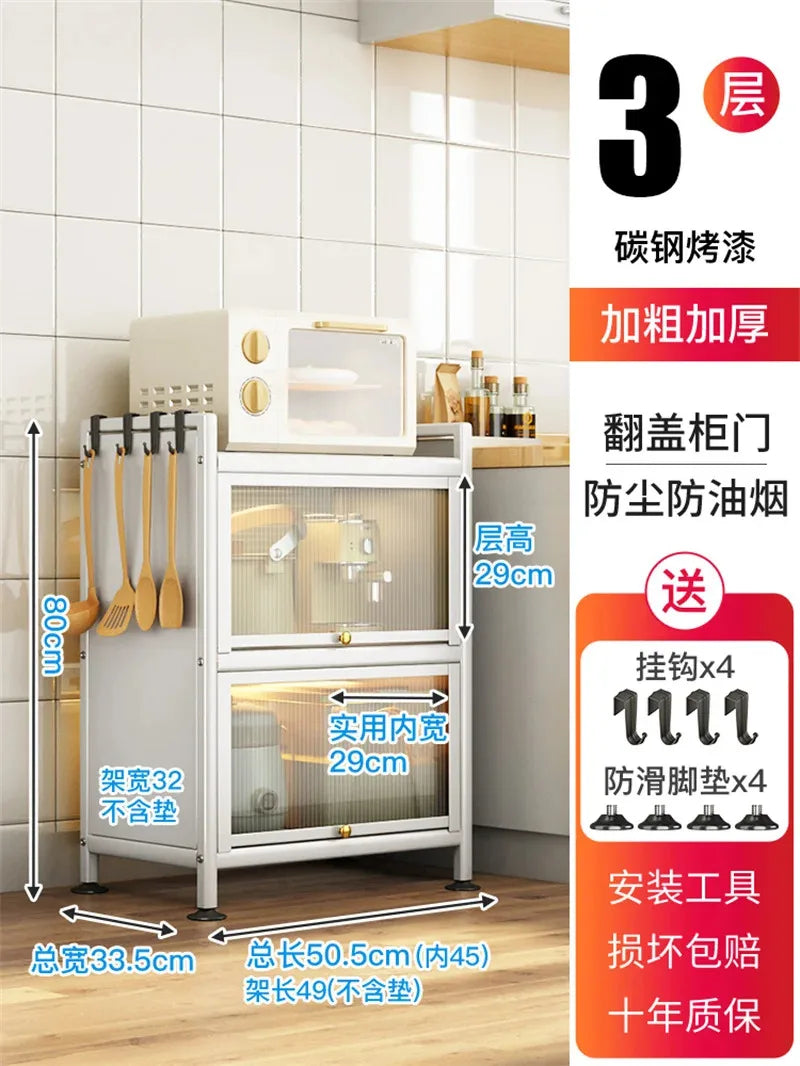 Modern Carbon Steel Kitchen Cabinets Home Storage Cabinet Multi-functional Multi-layer Microwave Oven Floor Rack with Flip Door