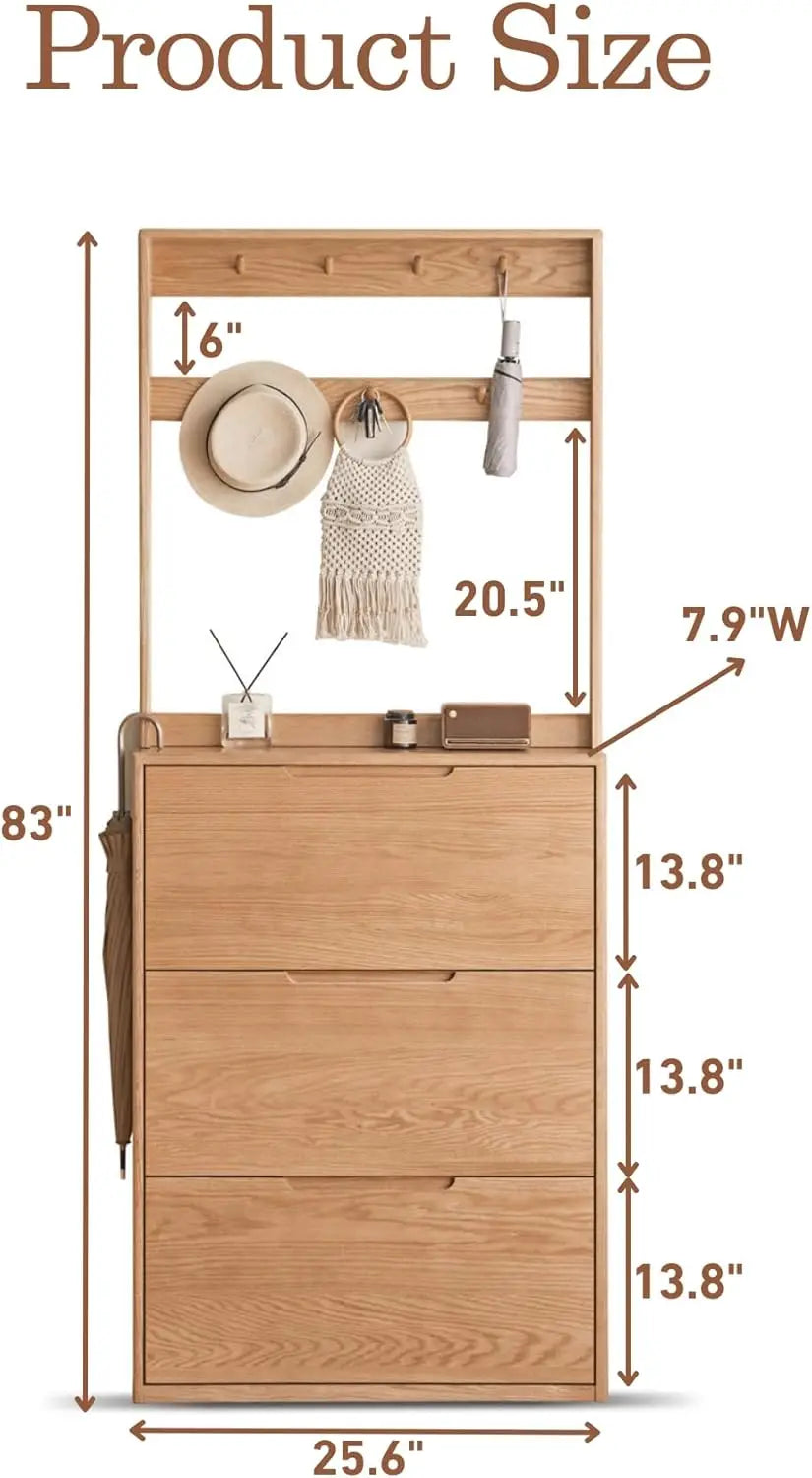 Oak Wood Shoe Storage Cabinet, Shoe Organizer for Entryway with 3 Flip Doors, 7.9" W Slim Freestanding Shoe Organizer Cabinet fo