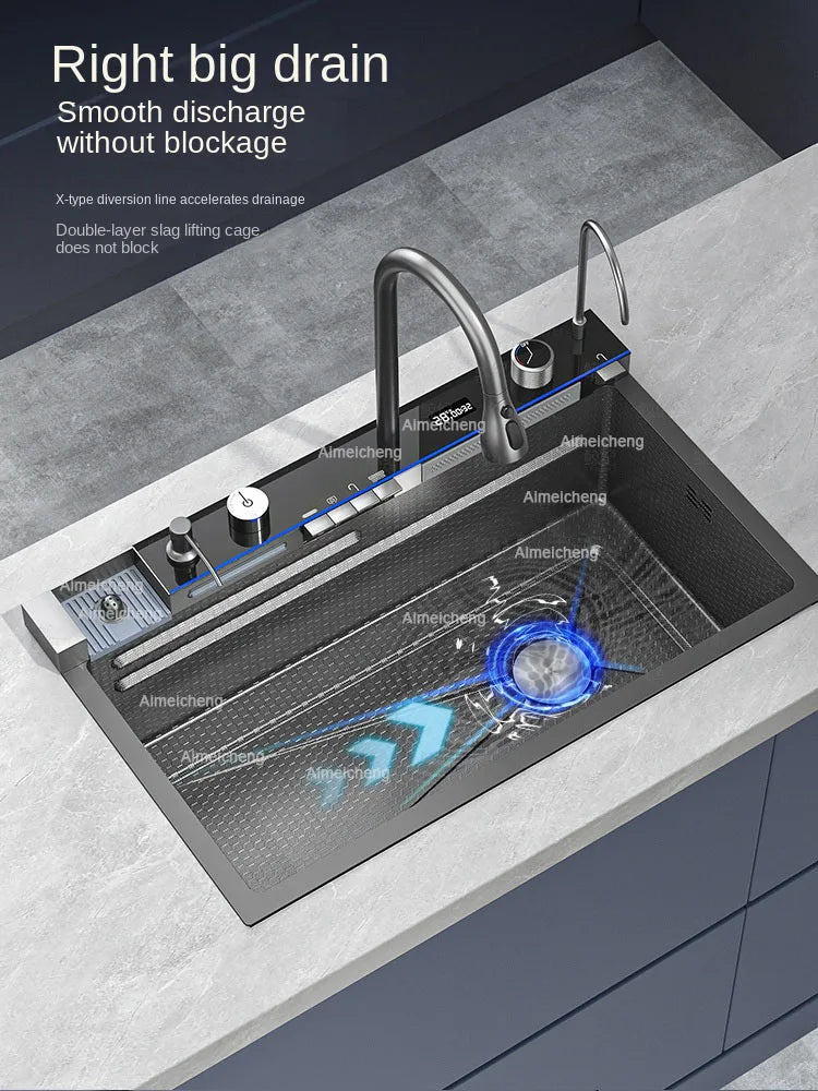 2024 Integrated Waterfall Kitchen Sink Honeycomb Technology Large Digitial Display Stainless Steel Soap Dispenser Cup Washer