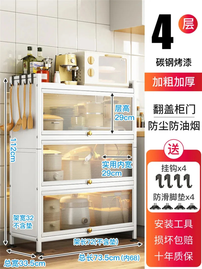 Modern Carbon Steel Kitchen Cabinets Home Storage Cabinet Multi-functional Multi-layer Microwave Oven Floor Rack with Flip Door