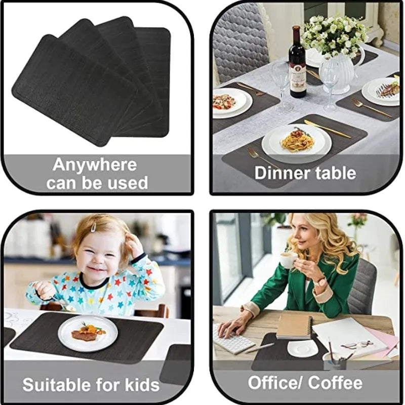 Inyahome Black Table Placemats Set Of 1/4/6 Heat-Resistant Wipeable Table Mats for Kitchen Outdoor Table Decoration Waterproof