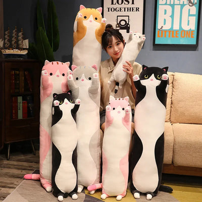 Cute Long Strip Cat Stuffed Body Pillow Cartoon Cat Plush Cushion Kawai Sofa Bedroom Throw Pillow Home Decoration Creative Gifts