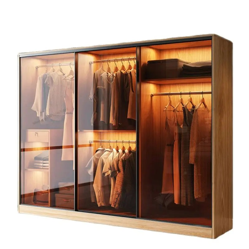 Sliding Door Wardrobe, Household Small Unit cCabinet, Light Luxury Glass Door, Overall Sliding Door Wardrobe