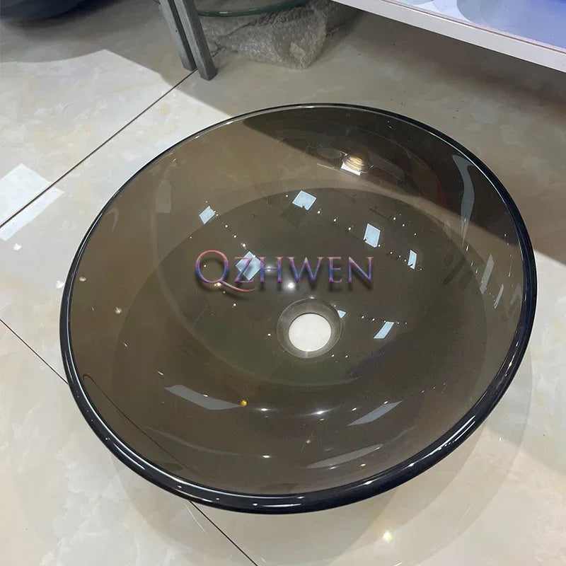 42cm Round Tempered Glass Sink Blue Bathroom Washbasin Hotel Balcony Countertop Art Basin Transparent Bowl Basin With Drain Sets