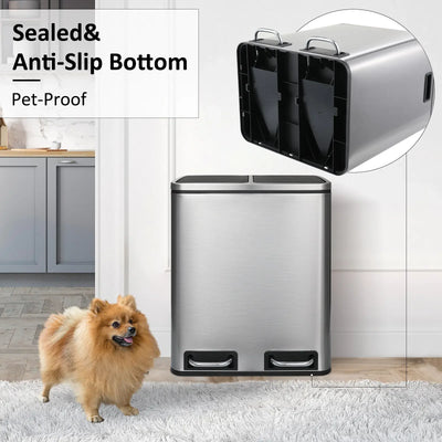 Kitchen Trash Can with Foot Pedal Soft-Close Stainless Steel Smudge Resistant Garbage Bin, 30L/48L,Dual Compartment,Soft Closure