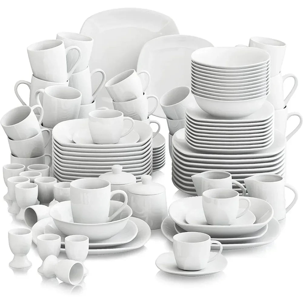 100-Piece Grey White Dish Set for 12, Square Dinner Set with Plates and Bowls,Cups and Saucers, Egg Cups, Sugar Pot and Milk Jar