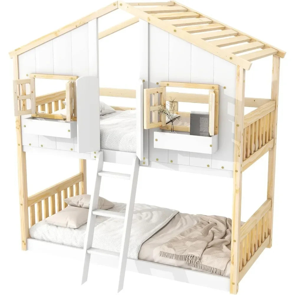 House Bunk Bed Twin Over Twin for Kids, Wood Bunk Beds with Roof, Windows, Window Box and Small Door, Floor Bunk Beds