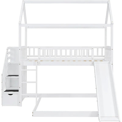 Bunk Bed with Slide, House Bunk Beds Twin Over Twin Stairway Bunk Beds Playhouse Bunkbed with Storage for Kids Toddlers