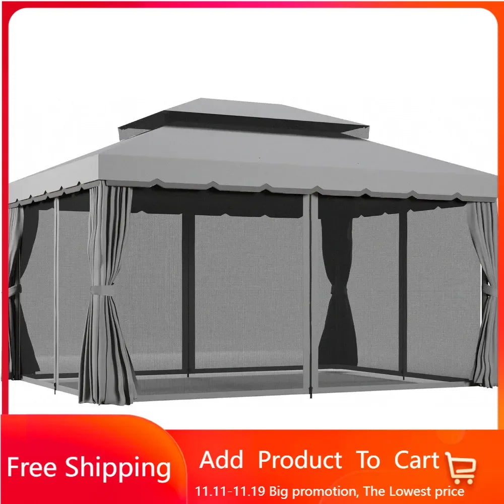 Patio Gazebo, Outdoor Gazebo Canopy Shelter with Netting and Curtains, Aluminum Frame for Garden, Lawn,