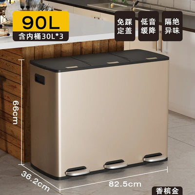 Kitchen Classification Garbage Bin 2-in-1 Household Dry Wet Separation Stainless Steel Pedal Double Bin with Lid Large Capacity