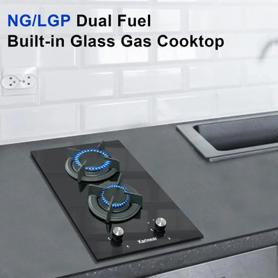 Gas Cooktop 2 Burner Propane Cooktop, 12 Inch LPG/NG Dual Fuel Gas Stove Top, Built-in Tempered Glass Gas Cooktop for Apartment,