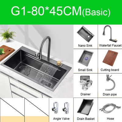 Multifunction Black Nano Kitchen Sink Waterfall Faucet Large Single Bowl Cup Washer Pure Tap Soap Dispenser 304 Stainless Steel