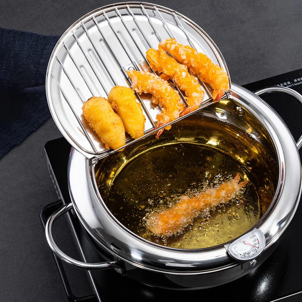 Japanese Style Deep Frying Pot with Thermometer Lid Oil Drip Drainer Rack 304 Stainless Steel Oil Fryer for Chips Fish Chicken