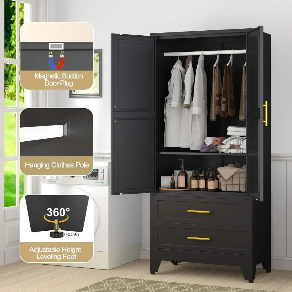 Steel Armoire Wardrobe Closet, 71" Metal Clothing Storage Cabinets with 2 Doors, 1 Adjustable Shelf and 2 Drawers, Wardrobes