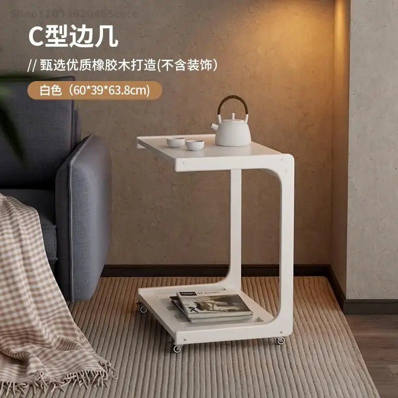 Solid Wood Sofa Side Table Cabinet Movable Table With Wheels Mini Coffee Table Living Room Small Apartment C- Shaped Small Tea