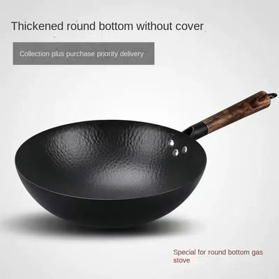 Carbon Steel Wok Pan 32cm Stir-Fry Pans with Wooden Lid Uncoated Flat Bottom Chinese Pan for Induction Electric Gas All Stoves