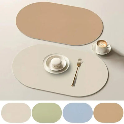 Table Placemat Non-Slip Heat Resistant Waterproof Kitchen Dining Placemat Cup Coaster Leather Textured Finish Oval Home Supply