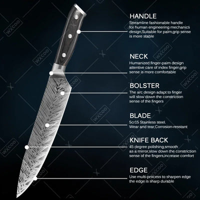 WXCOO Professional Kitchen Chef Knives Set Stainless Steel Boning Knife Damascus Steel Pattern Cleaver Fruit Bread Santoku Knife