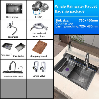 Stainless Steel Kitchen Sink With Waterfall Extra Large Single Solt with Knife Holder Digital Display Faucet Set Wash Basin