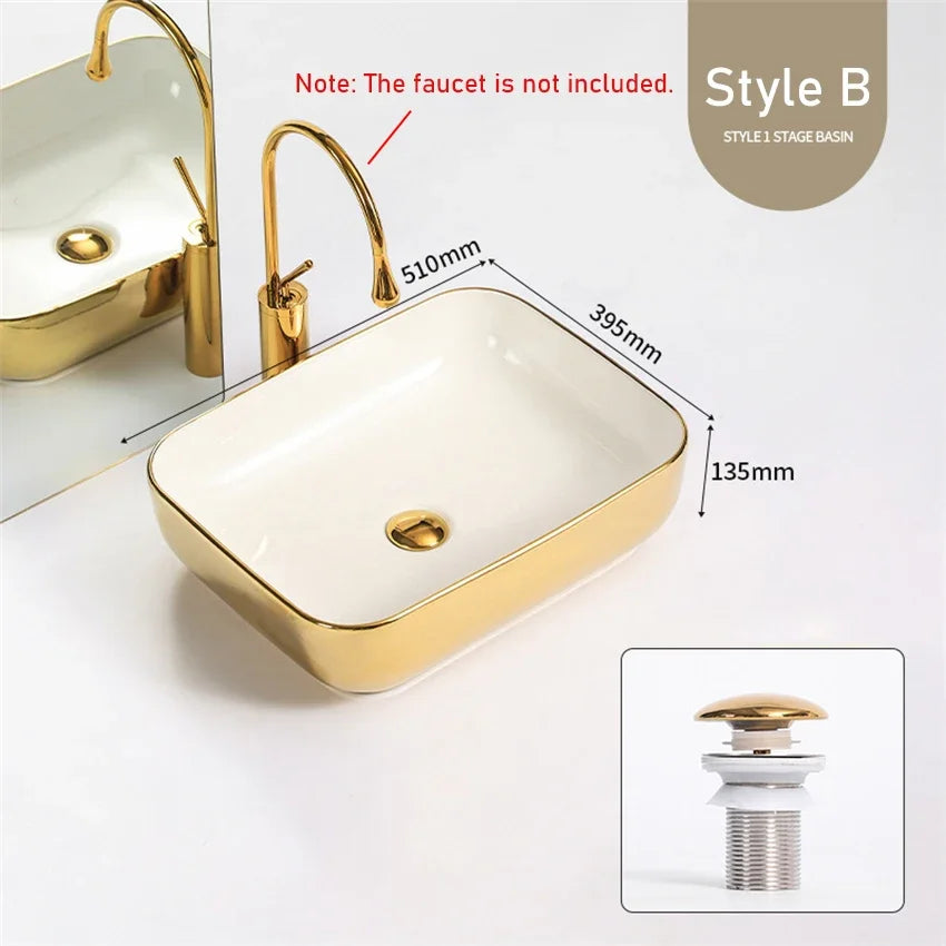 Modern Minimalist Gold Ceramic Tabletop Basin European Style Household Washbasin Basin Square Light Luxury Bathroom Wash Basins