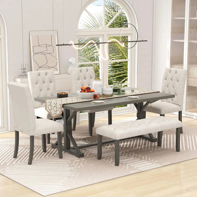 Counter Height Dining Room Table Set for 6 with Storage Farmhouse 6 Piece Kitchen Table Set with Bench, Dining Set with Shelf