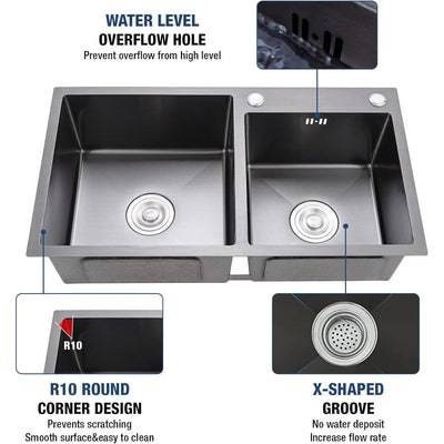 31" x 18" Black Double Bowl Kitchen Sink, Drop-in/Topmount Overmount Kitchen Sinks Basin with 304 Nano-Coated and Accessories