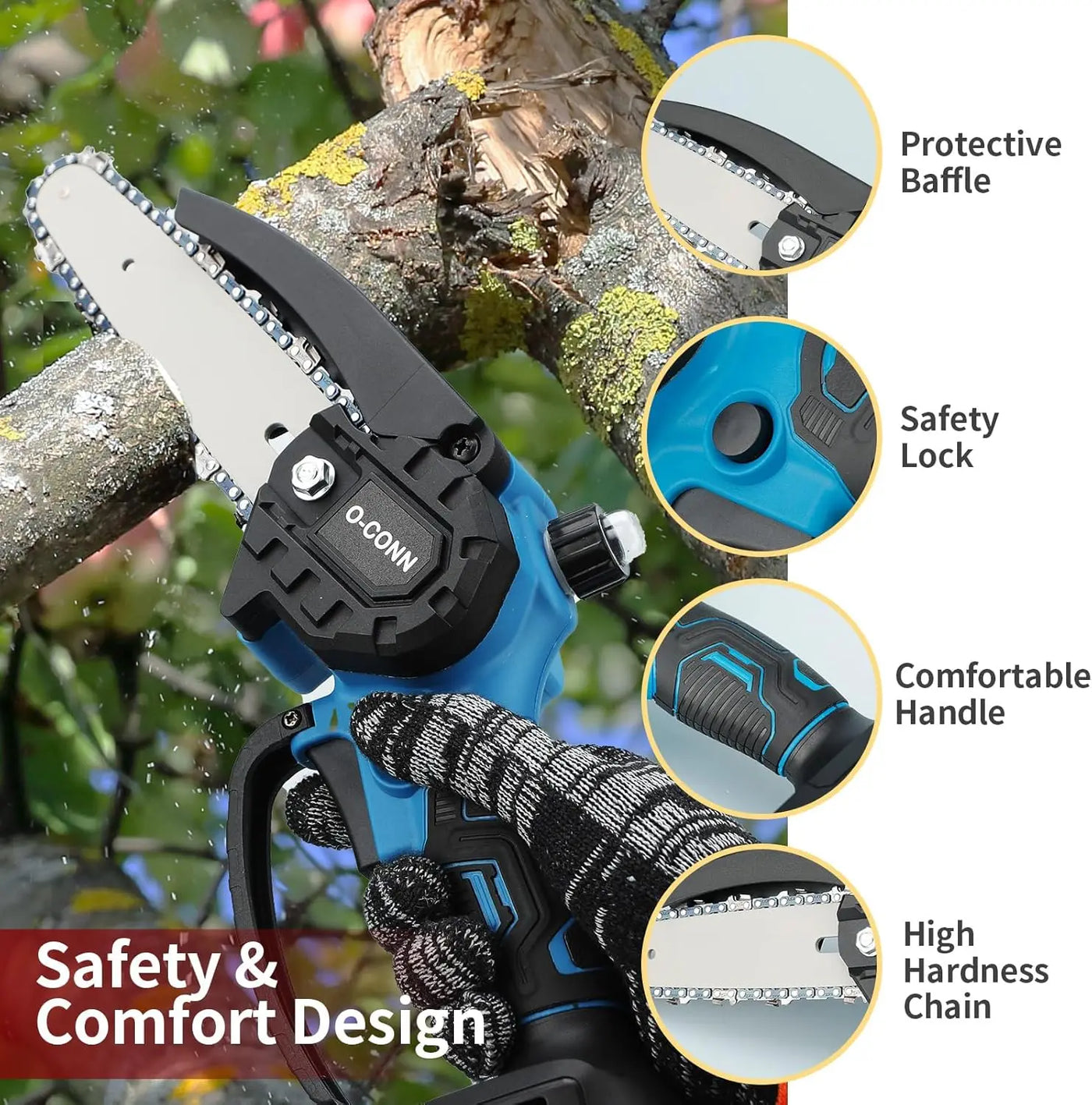 O-Conn Mini Chainsaw Cordless 6 Inch Handheld Chain Saw With Security Lock & Auto Oiler System, Portable Electric Small