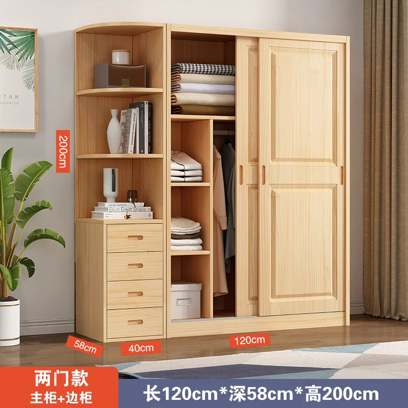 All solid wood pine sliding door wardrobe modern log children's clothes cupboard simple wardrobe home bedroom locker