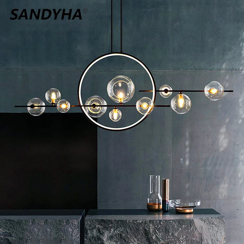 Modern Glass Ball LED Chandeliers Black Clear Bubble Pendant Lights for Dining Living Room Kitchen Lamparas Colgantes Para Techo