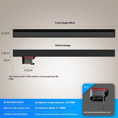 Linear Floor Drain Stainless Steel Shower Drain Black Bathroom Drainage 3.2cm Wide Narrow Shower Floor Tile Bathtub Accessories