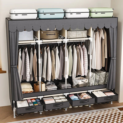 Grey easy zipper double bar wardrobe with drawers for easy assembly - durable clothing storage solution